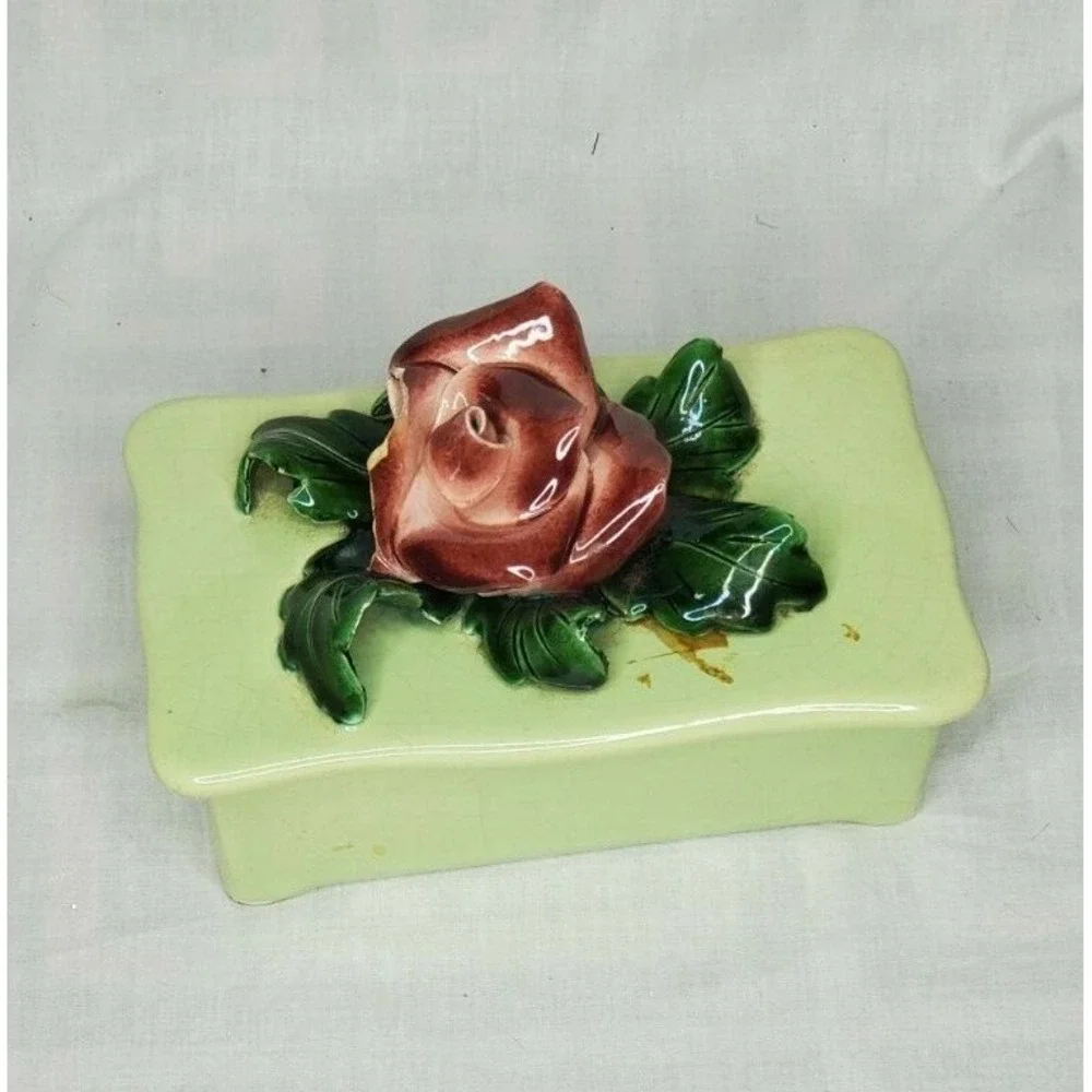 Vintage 1950s Johannes Bram of California Ceramic  Green With Rose Trinket Dish